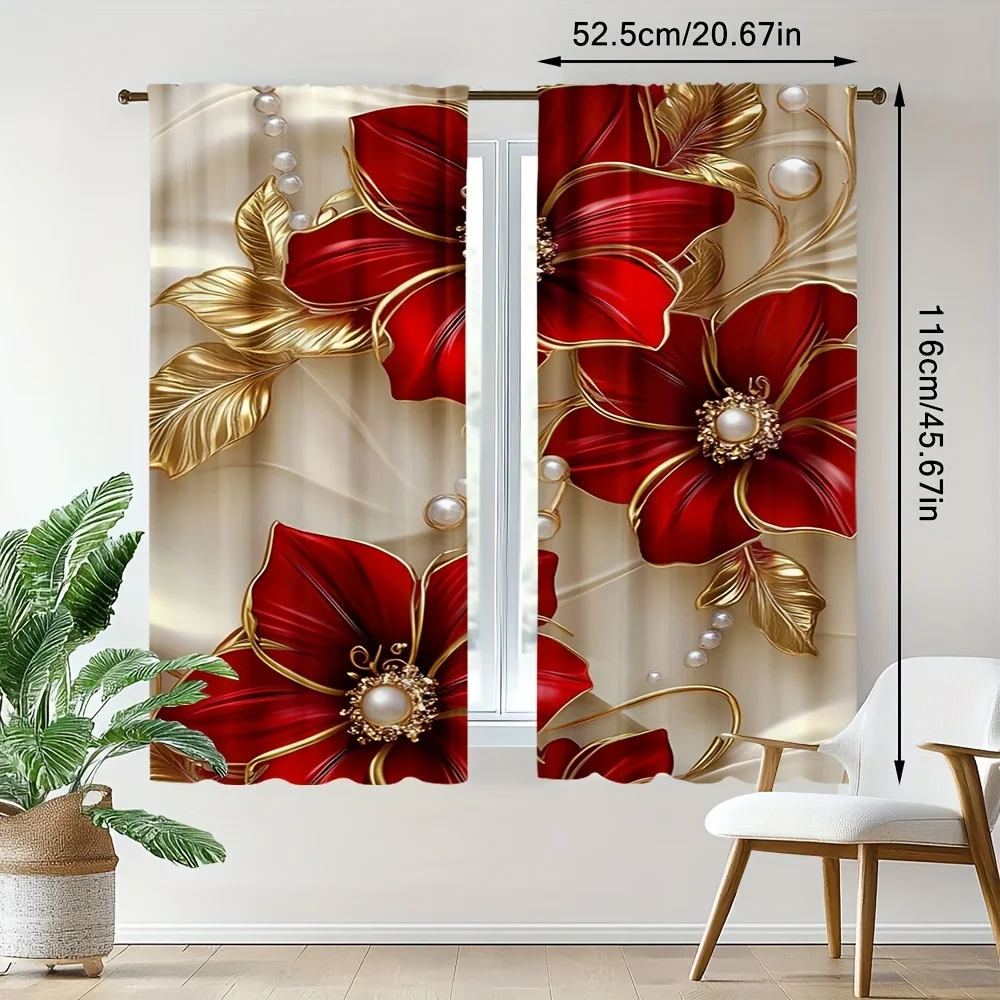 Luxury 3D Red Floral Curtains 2 Panels, Golden Leaf Pearl Ornament Big Red Flower Cream Satin Background Noble Bedroom Curtain