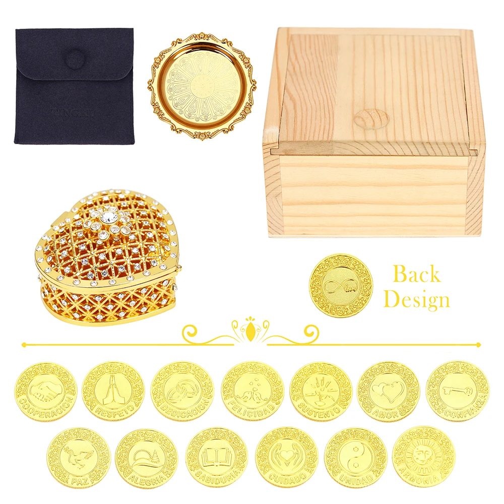 13 Monedas de Unión para Boda Católica, Set de Monedas de Arras con Caja de Corazón, Arras de Boda Cristiana para Ceremonia Nupcial