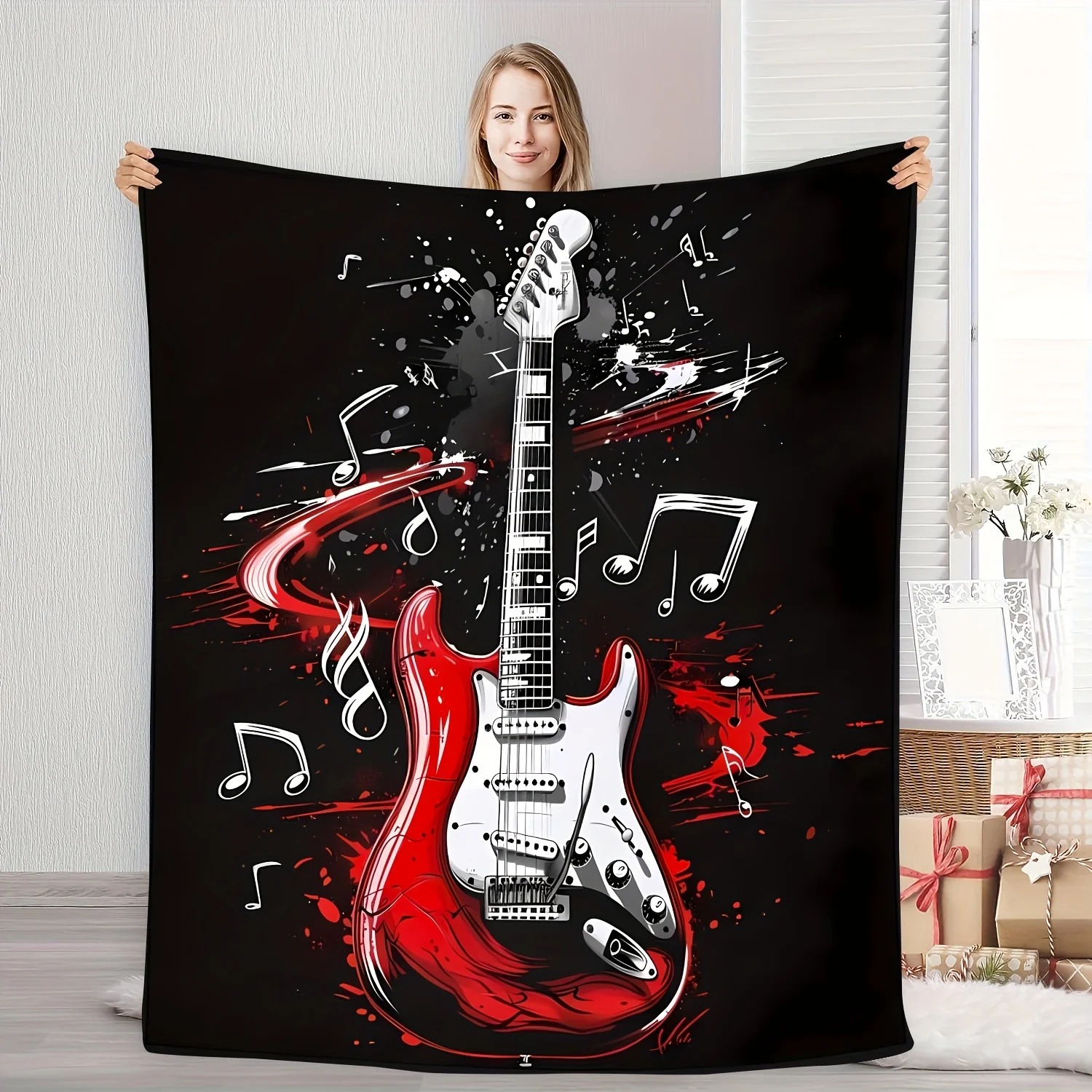 Rock Guitar Flannel Blanket – Modern Black Red Throw – Soft Warm All-Season Gift – Stylish Sofa Bed Decor