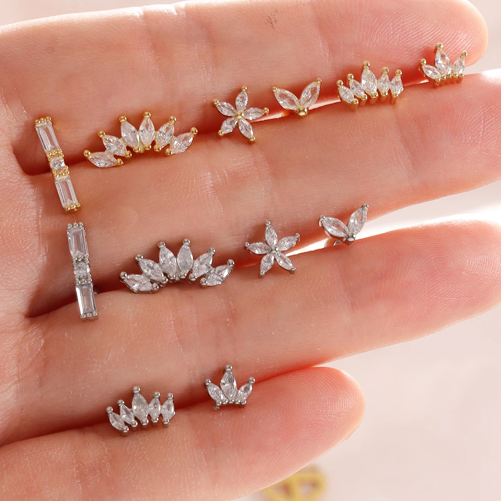 6 Pieces Flower Crown Stainless Steel Zircon Small Stud Earrings Set 18K Gold Plated Geometry Cartilage Piercing Jewelry aretes