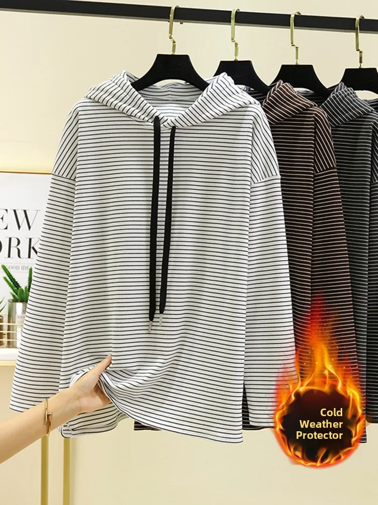 المرأة المتضخم طويل Sve Fce هوديي الخريف الشتاء الحراري تي شيرت ملابس خارجية تنوعا مخطط المخملية الدافئة