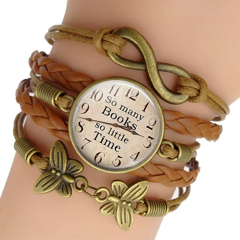 So Many Books, So Little Time , Book Jewelry Brown Weave Bracelet Glass Cabochon Bracelet (Not Real Watch)Gift for Book Lover