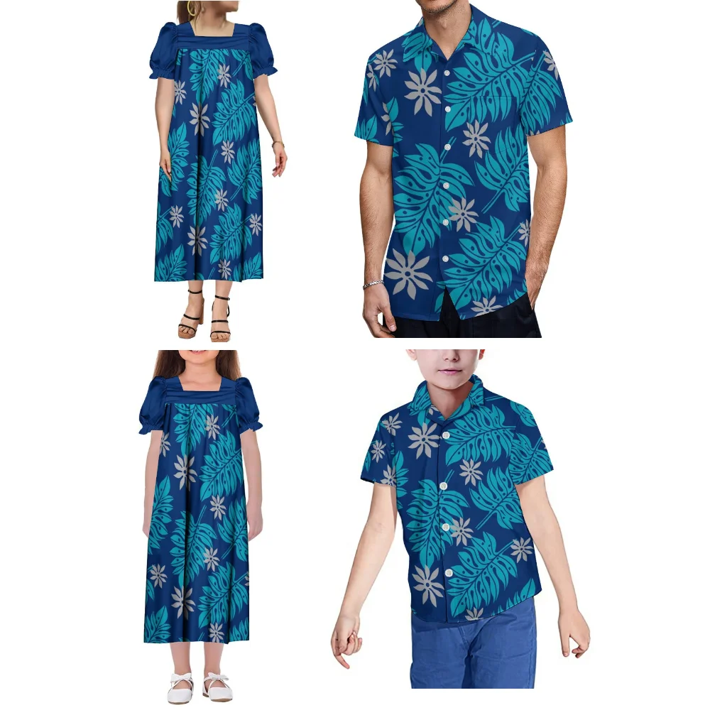 Set personalizzato per famiglia polinesiana estiva con stampa tribale samoana Abito Mumu per madre-figlia Camicia tascabile casual hawaiana padre-figlio