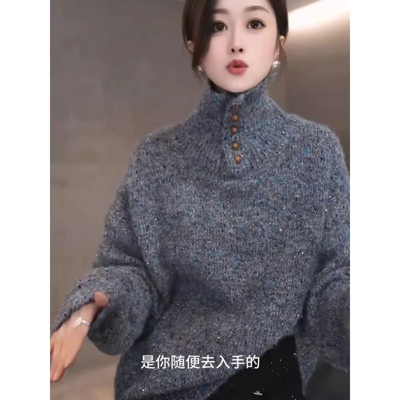 

Мягкий клейкий свитер с высоким воротом и пайетками для женщин, новый стильный зимний наряд, утолщенный свитер в стиле ретро с лацканами, топ для женщин