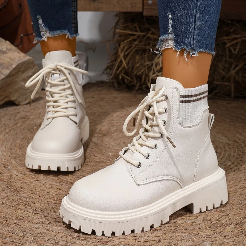 Winter Warm Short Plush Ankle Boots Women Fashion Lace-Up Platform Combat Boots Woman Comfy Low Heels Pu Leather Botas Mujer