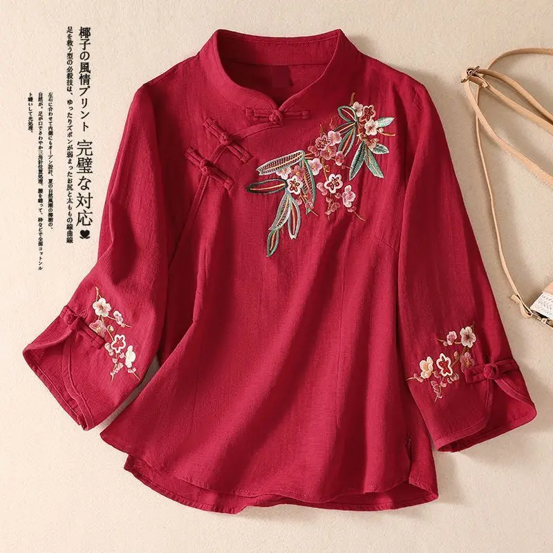 Ethnic Retro Cotton and Linen Embroidered Three-quarter Sleeve for Women Stand-up Collar Chinese Casual Button-up Tea Shirts