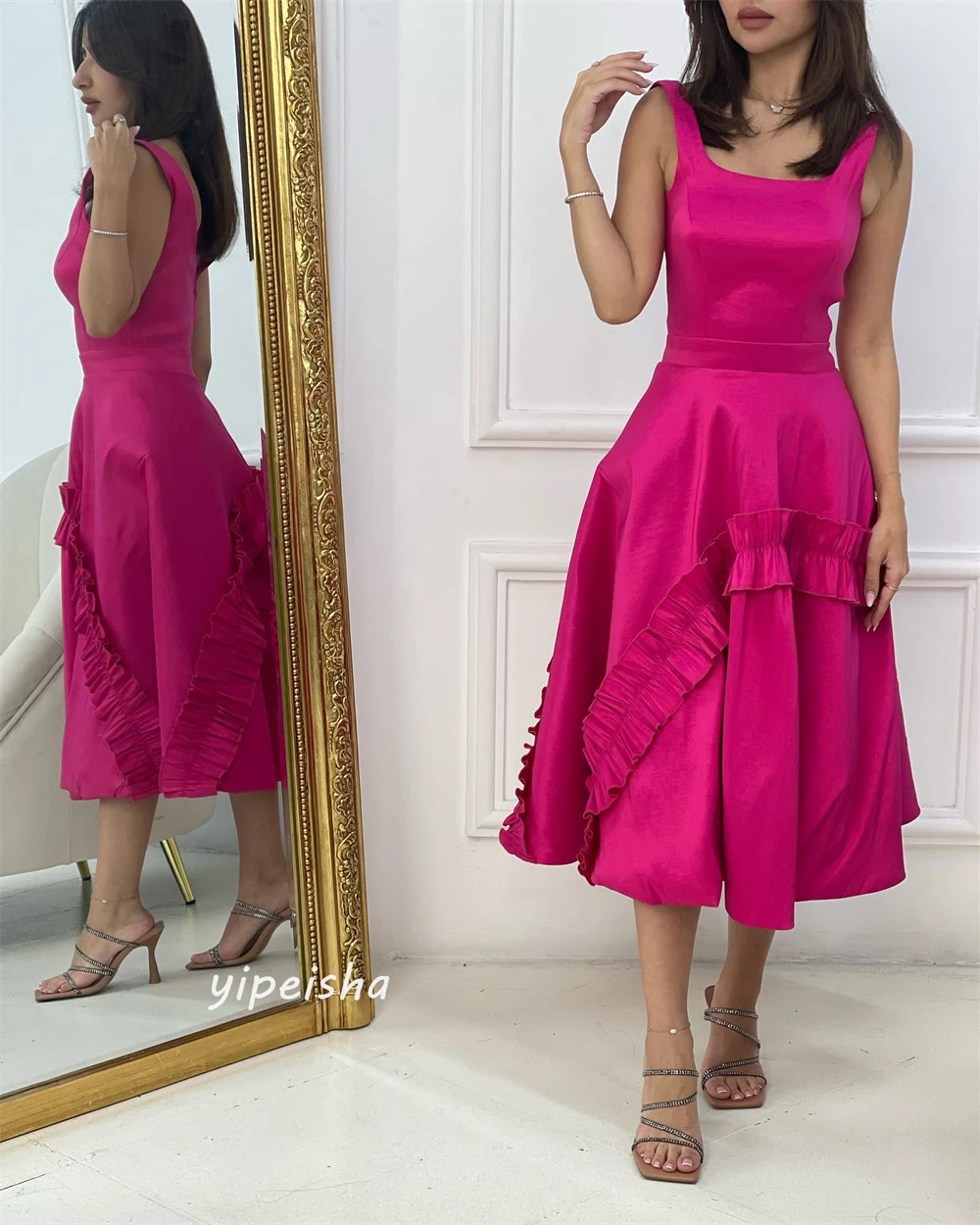 Prom Dress Saudi Arabia Satin Draped Ruched Pleat Graduation A-line Square Collar Bespoke Occasion Gown Midi Dresses