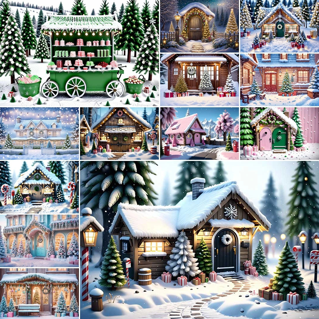 

MOON.QG Merry Christmas Photography Backdrop Glitter Car Candy Shop Winter Town Background Photo Wallpaper Photozone Party Decor