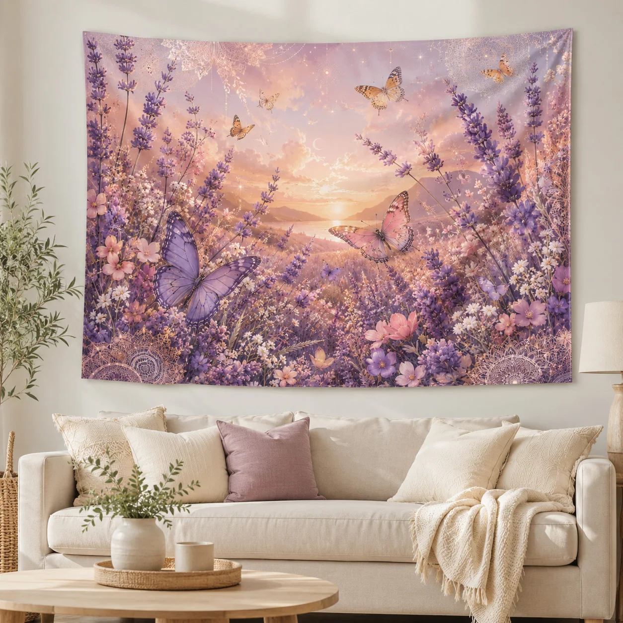 Lavender Wall Tapestry Aesthetic Room Decor Landscape Sunset Tapestries for Bedroom Butterfly Floral Hanging Cloth Blanket