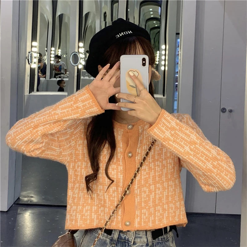 Y2k Stripe Women Crop Cardigan Korean Sweet Knitted Loose Long Sleeve Female Sweaters Autumn All Match Chic Ladies Casual Tops