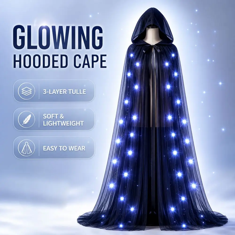 Creative Gift with Oversized Hood LED Halloween Hooded Cloak Vintage Black Color Overcoats Lace-up Vintage Hooded Cape