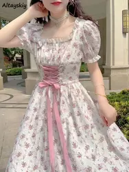 Floral Dresses Women Lace-up Puff Sleeve Sweet Princess College A-line French Style Fashion Aesthetic Summer Personality Classic