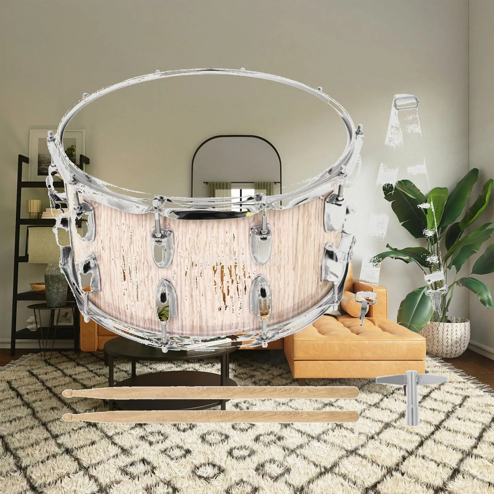 14 Inch Snare Drum Tunable Snare Drum with Drumsticks and Tuning Key Percussion Instrument Chrome Finished Adjustable