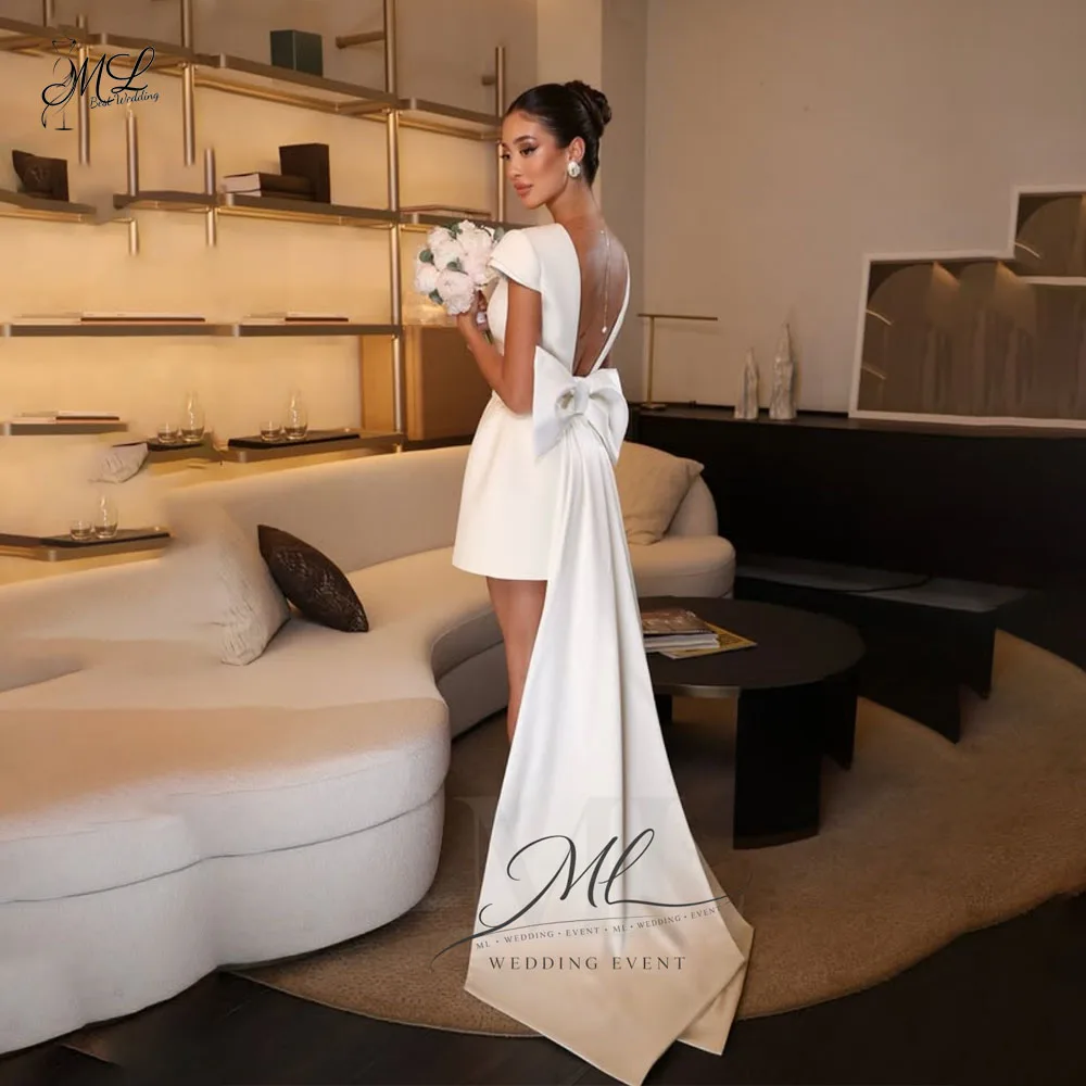 ML Dignified O-Neck Satin Illusion Wedding Dresses Bow Backless Mini Bridal Gown Vestido De Noival Customized