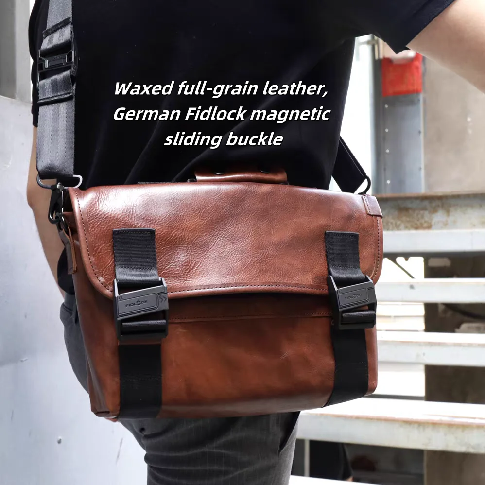 Vintage Brown Waxed Leather Crossbody Bag Motorcycle Riding Chest Shoulder Messenger Bag Handmade Genuine Cowhide