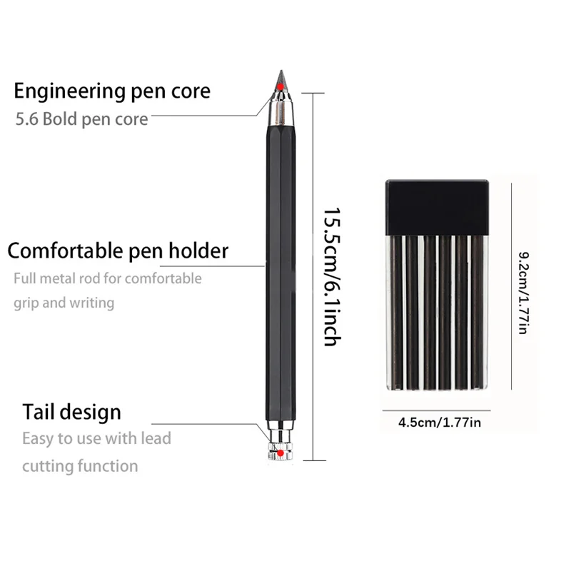 Metal 5.6mm Mechanical Pencil Set for Sketching, Woodworking & Engineering Drawing Writing Automatic Pencil Stationery Supplies