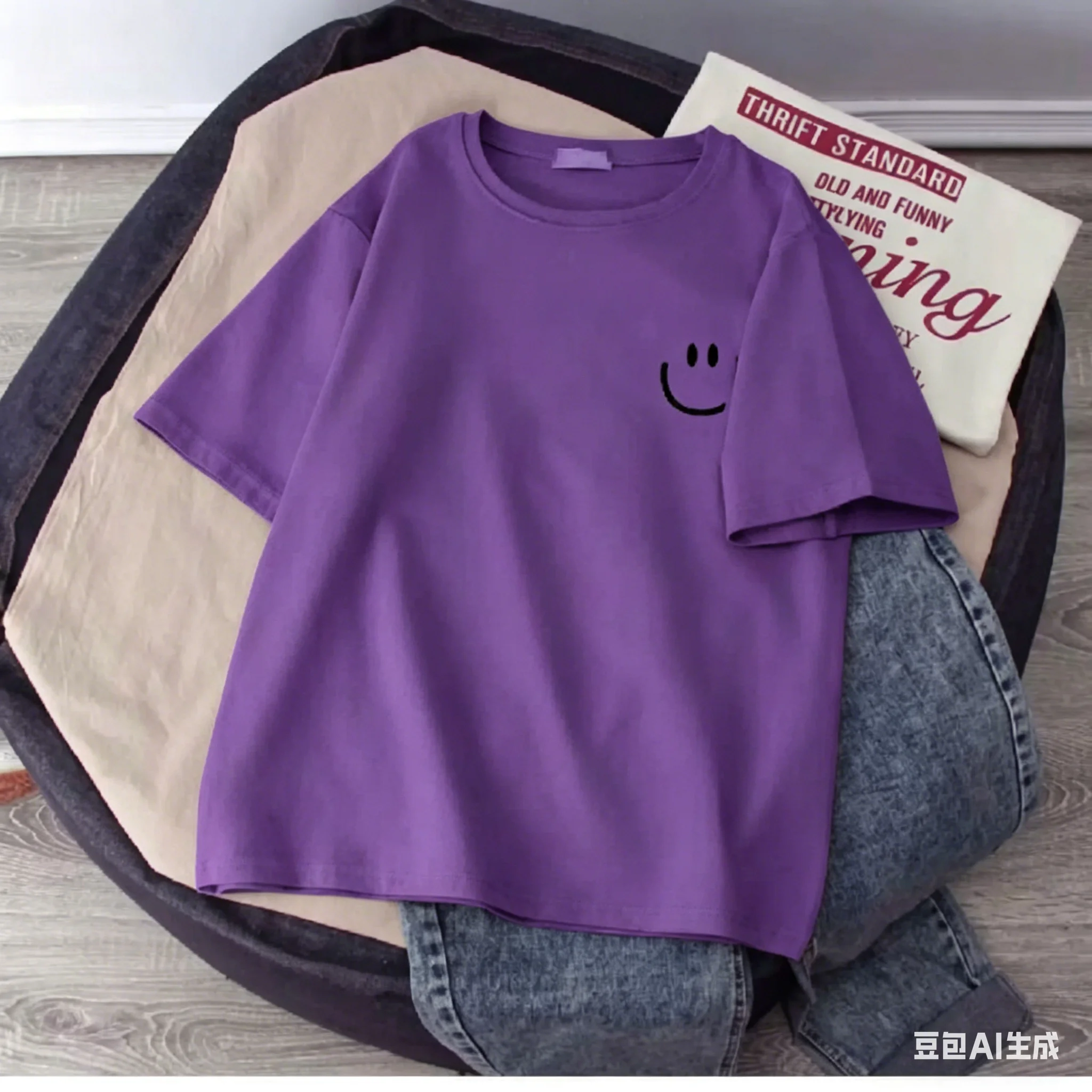 Sommerliches T-Shirt mit lächelndem Gesicht für Kinder, kurzärmelig, aus reiner Baumwolle, locker sitzend, vielseitig, einfach, cool, für Mädchen – Detail 4