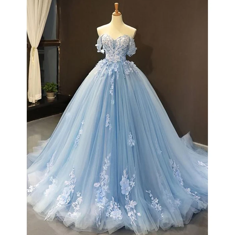 

Iridescent Sky Blue Ball Gown Off Shoulder Lace Up Tulle Sexy Evening Dresses For Women Vestido De Graduación Prom Party Gown