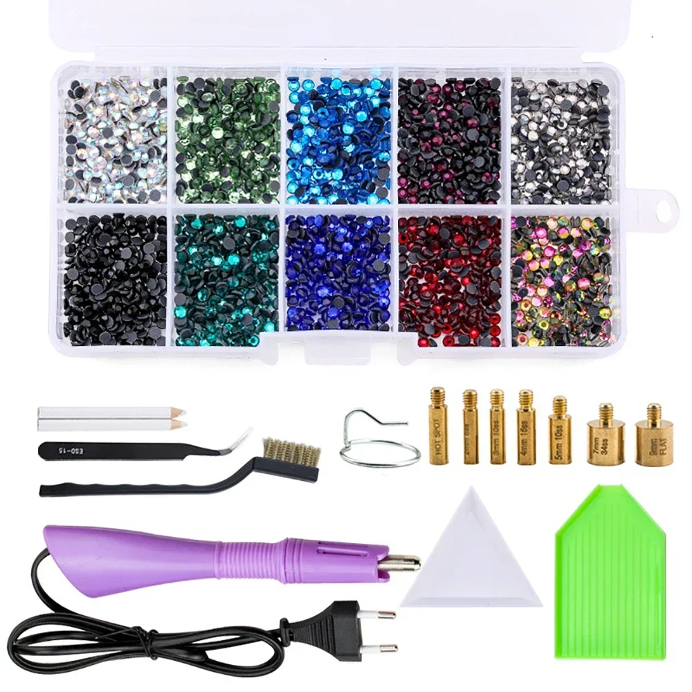 Conjunto de aplicador de strass hotfix, varinhas de ferro com 7 pontas, ferramentas de manicure diy, cristal de vidro, diamante, arte de unha, 1 conjunto de 2000 peças