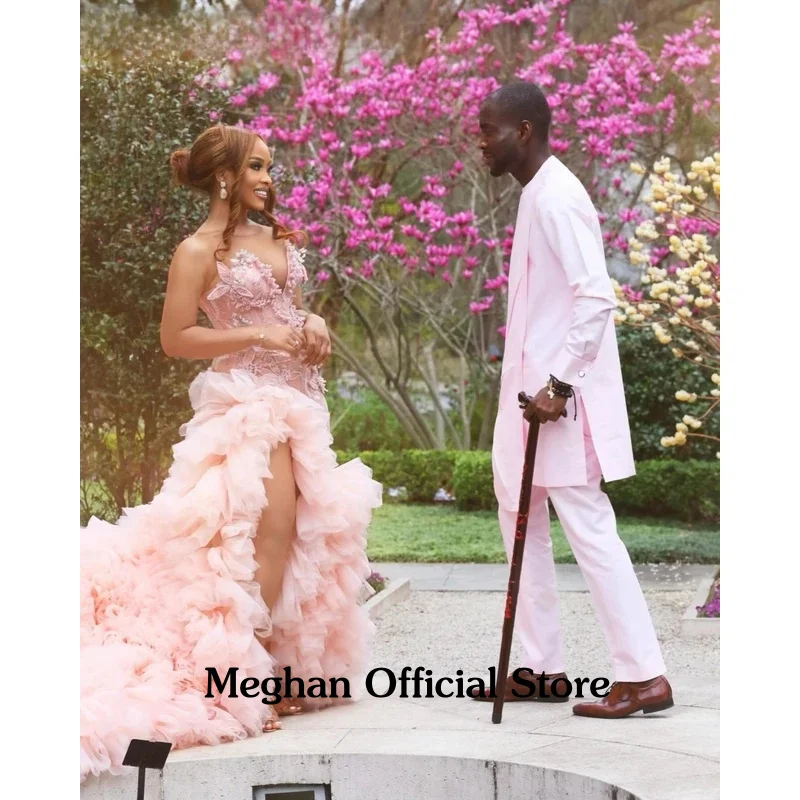 

Meghan Customized Glitter Pink Ruffles Mermaid Prom Dress Black Girls High Slit Floral Crystal Beaded Birthday Party Gown