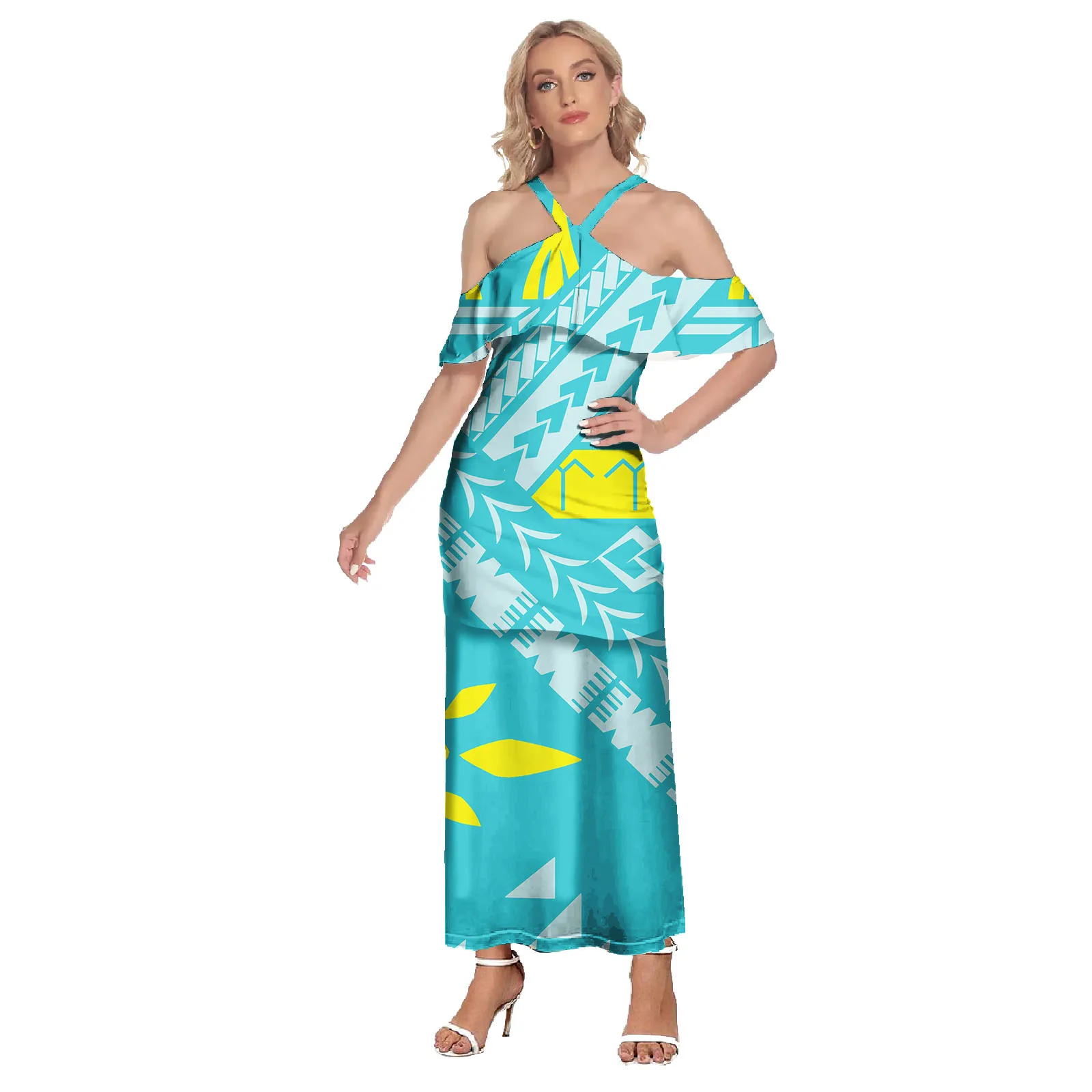 Vestido plissado polinésia roupas tribais samoan puletasi tapa samoan flor impressão vestido de duas peças conjunto roupas femininas