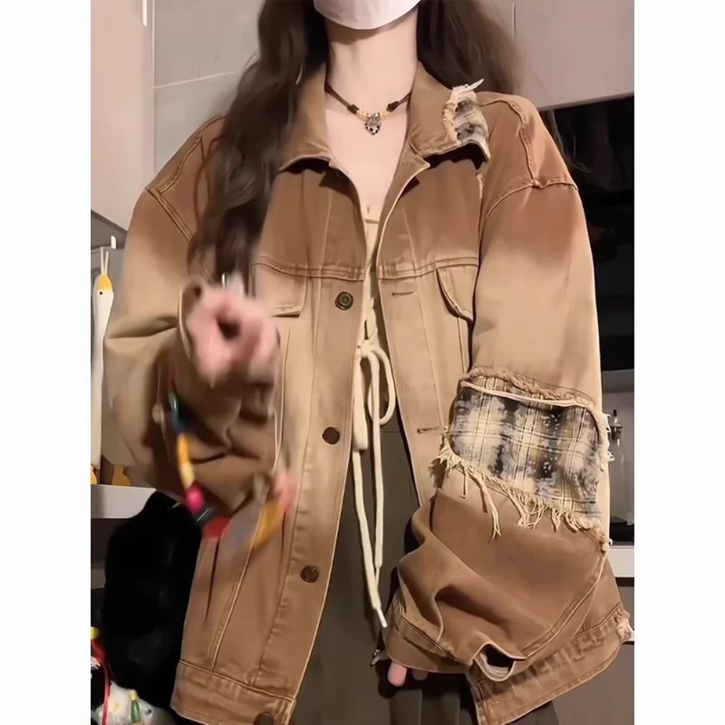 

American Fashion High Street Ripped Denim Jacket Women's New Spring and Autumn Loose Casual Workwear Jacket Top Female Clothing