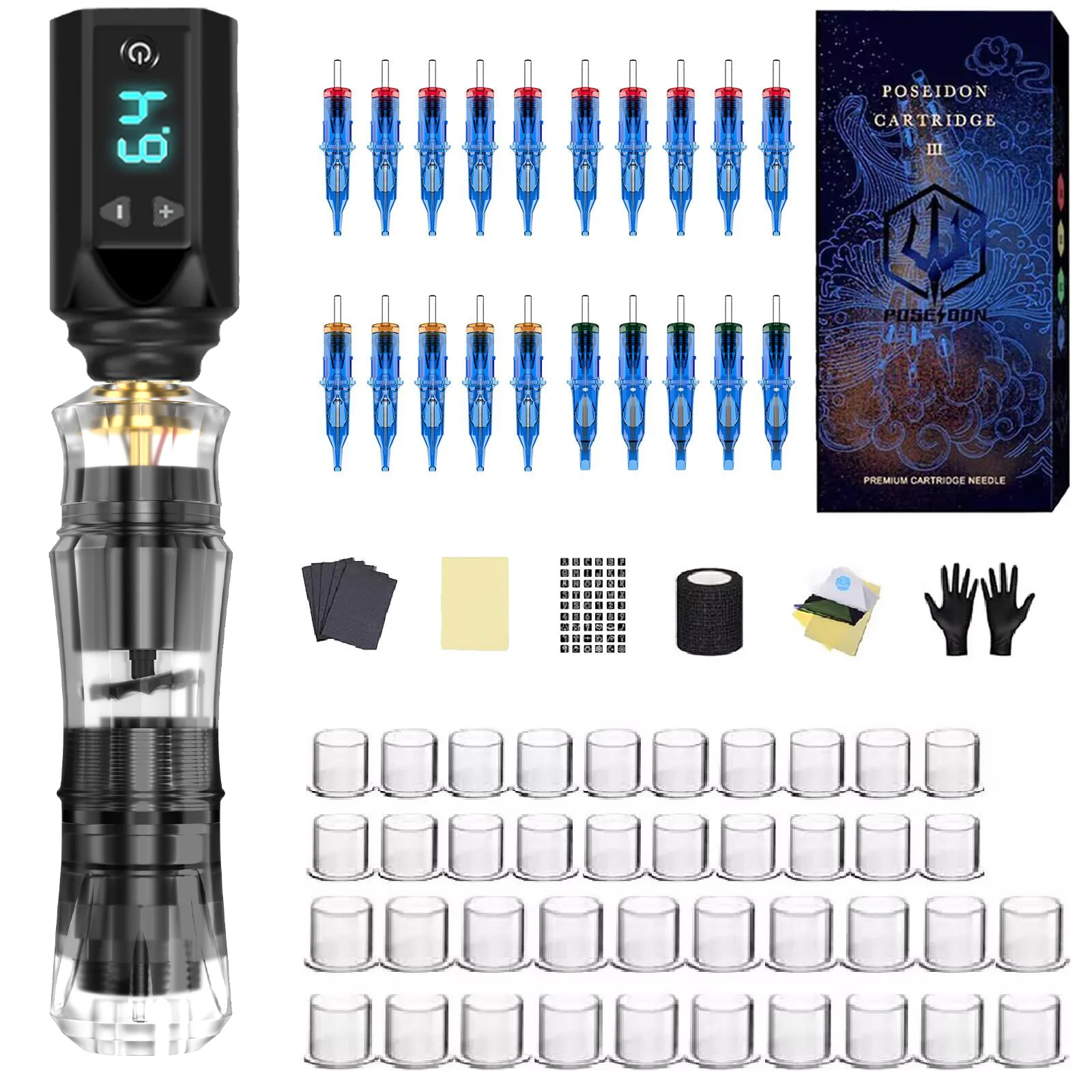 طقم الوشم POSEIDON طقم أقلام الوشم الجديد لمجموعة ماكينة الوشم للمكياج الدائم بشكل شفاف طقم الوشم لإمداد الطاقة