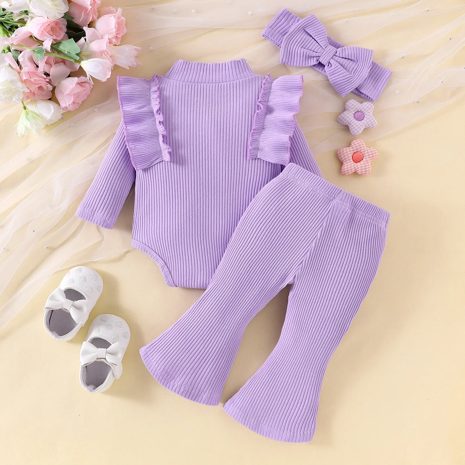3Piece Spring Fall Baby Girl Clothes 0 To 6Months Korean Fashion Cute Solid Long Sleeve Tops+Pants+Hair Band Newborn tems B053