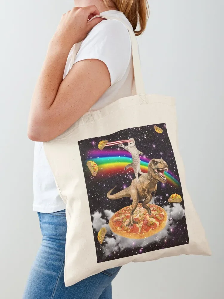 

The ORIGINAL Galaxy Laser Eye Cat on Dinosaur on Pizza with Tacos & Rainbow Tote Bag