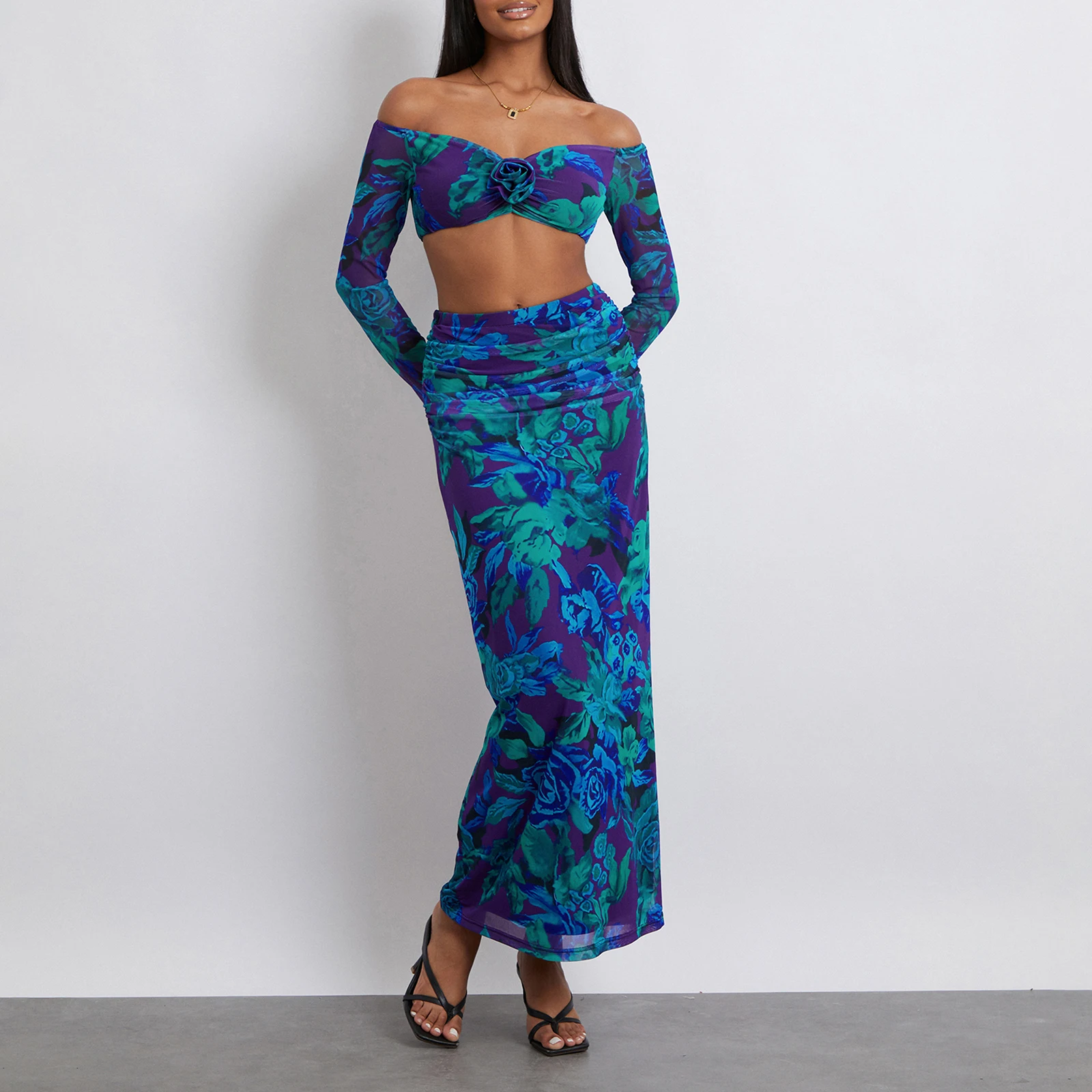 Women Skirt Set, Flower Print Long Sleeve Off-shoulder Crop Top with High Waist Long Skirt Fall Outfit