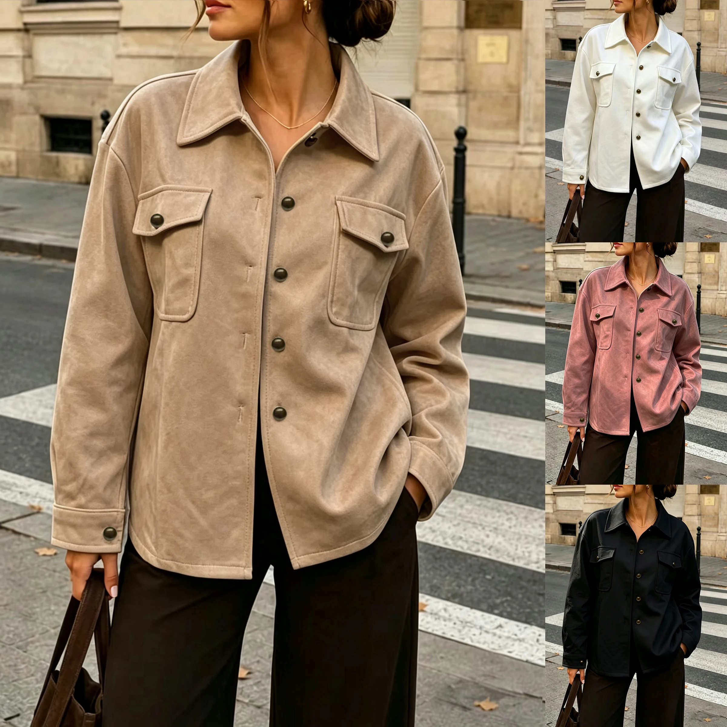 Camisa tipo chaqueta de otoño para mujer, con botones, de ante sintético, con dos bolsillos, de corte holgado, de manga larga y para uso casual.