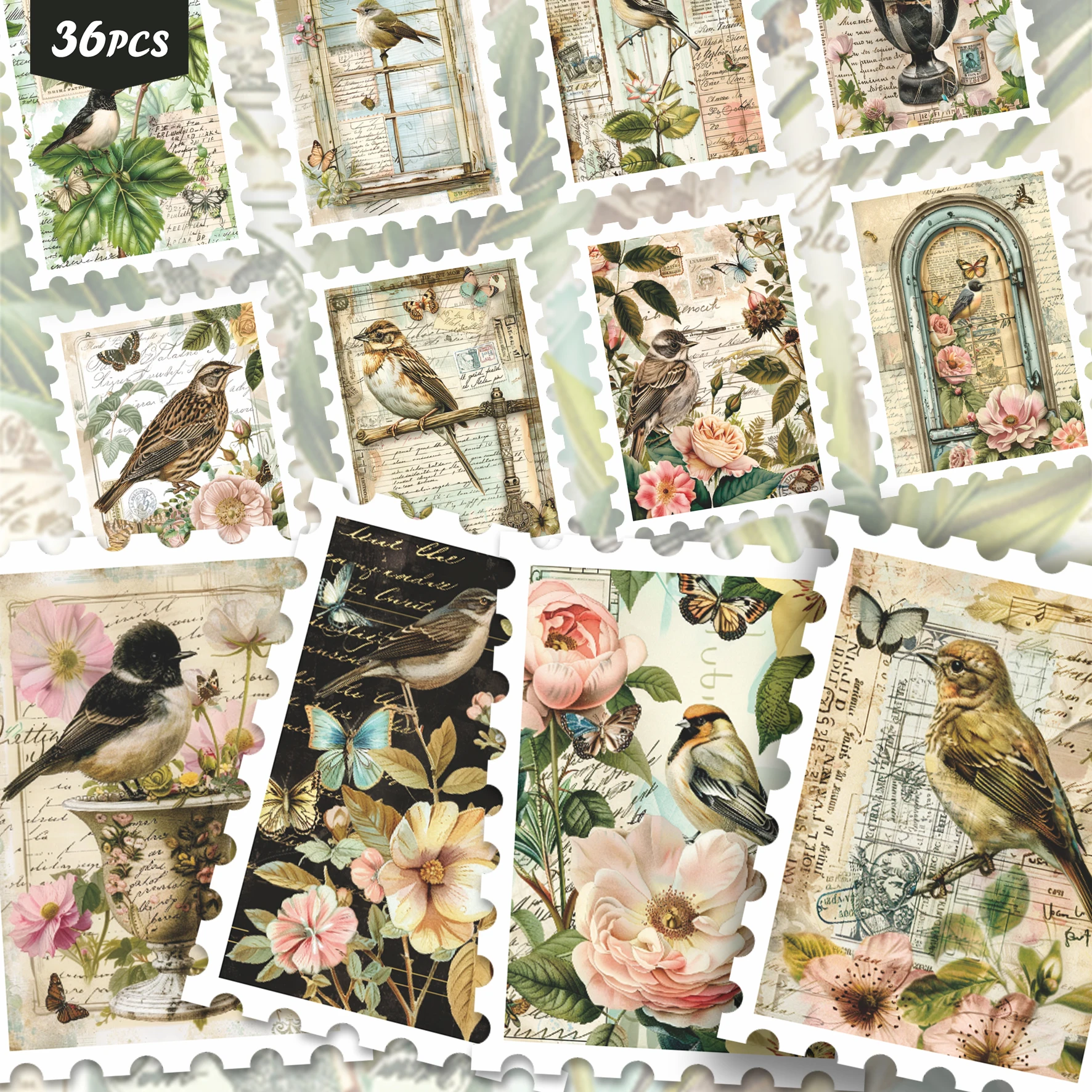 36PCS Retro Bird Decorative Sticker Set, assorted botanical bird illustrations, classic vintage vibe, perfect for journals, for