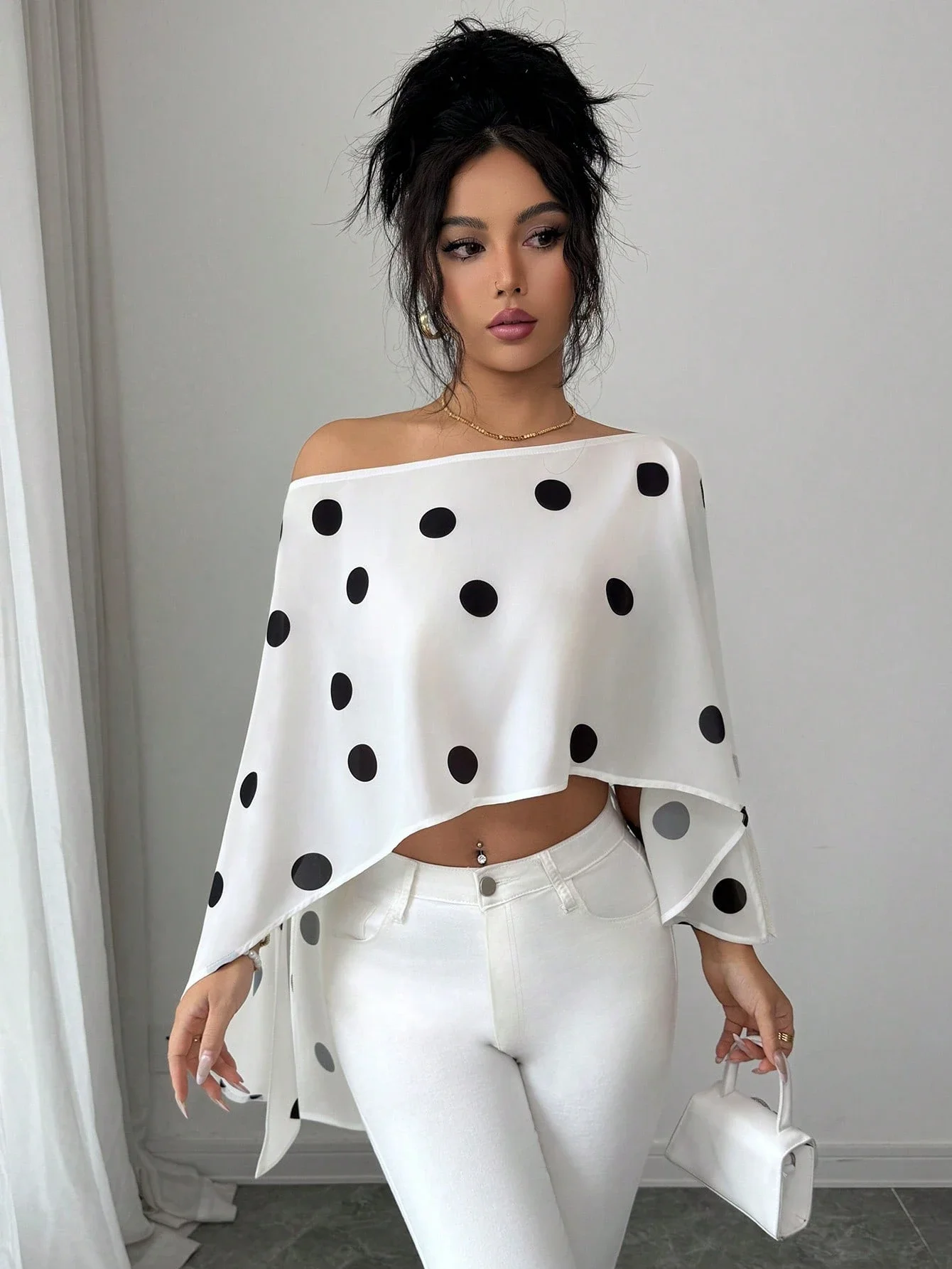 

Women's Polka Dot Off Shoulder Cropped Blouse Asymmetric Ruffle Casual Top