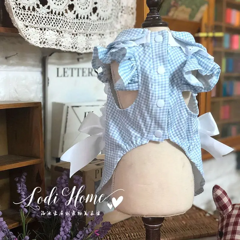 Summer Pet One Piece Dress Gingham Peter Pan Collar Rocking Horse Embroidery Ruffled Trim Satin Bow Decor Two Legged Cute Outfit