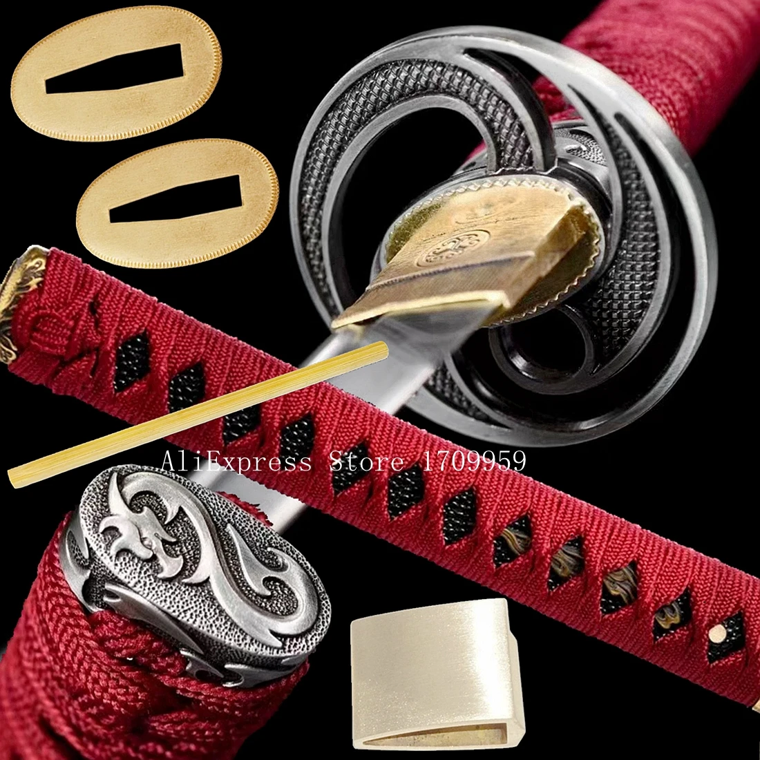 26CM Handle Katana Tsuka Alloy Tsuba Guard Fuchi Kashira Menuki Habaki Seppa For Japanese Samurai Sword Hand-Guard Set Fittings