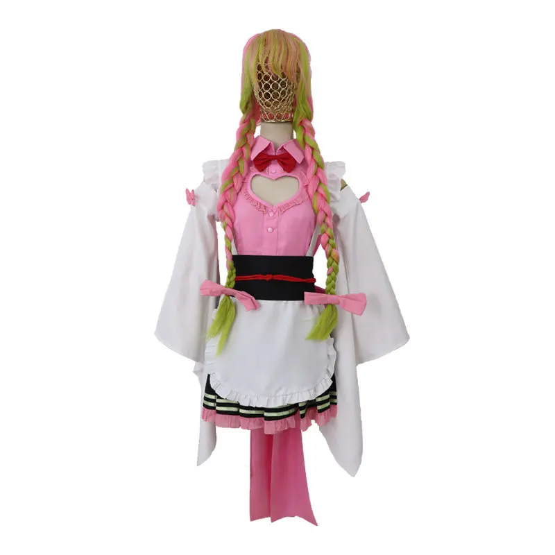 

Kimetsu No Yaiba Kanroji Mitsuri Maid Outfit Apron Dress Kimono Women Uniforms Wigs Cosplay Costume