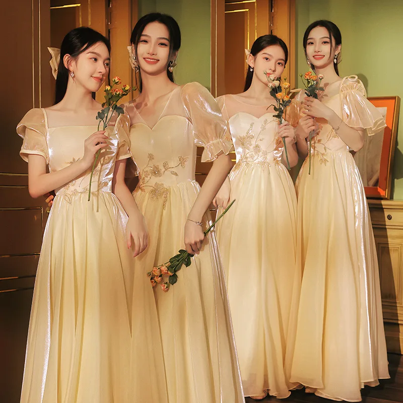 

Champagne Satin Bridesmaid Dress Floral Embroidered Sweetheart Collar Temperament Sister Group Party Gown A-Line Prom Vestido