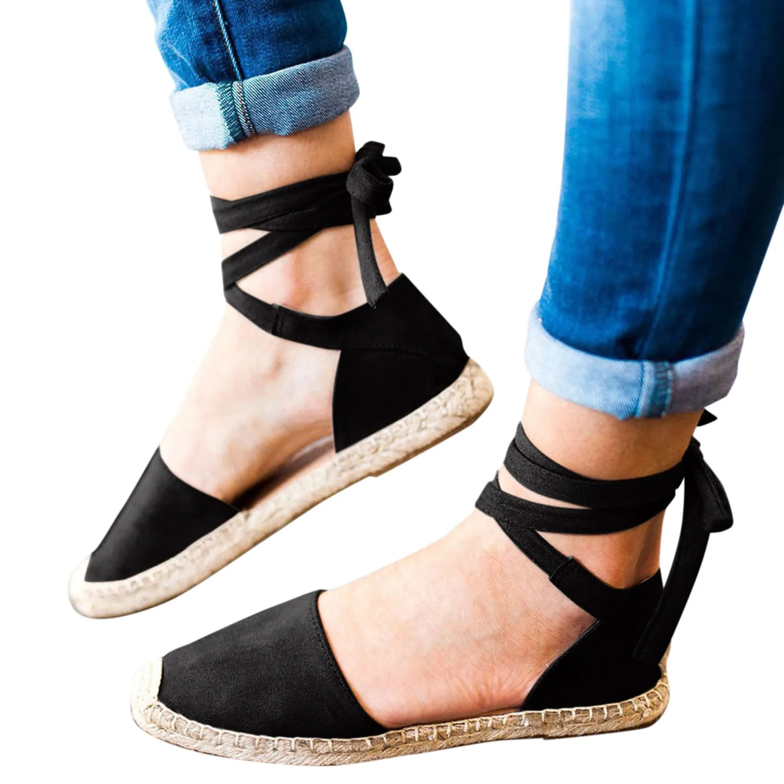 Sandalias de lino hechas a mano para Mujer, alpargatas con envoltura en el tobillo, Zapatos bohemios cómodos de verano, Sandalias planas con cordones