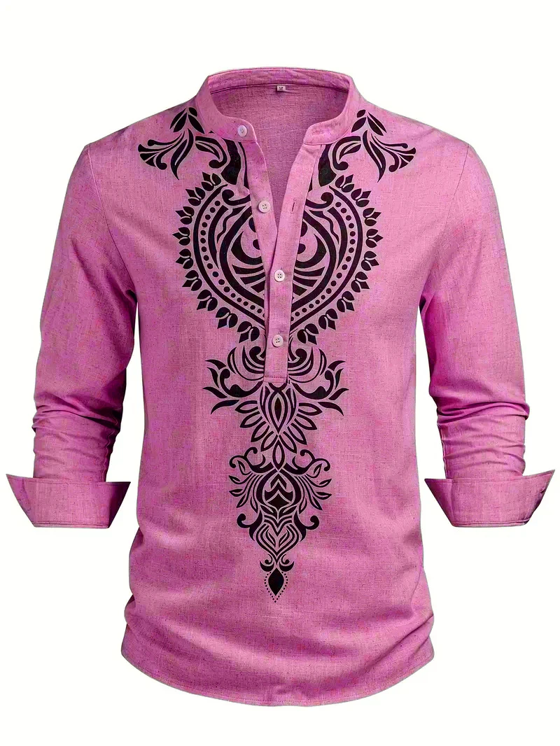 

Мужская льняная рубашка с длинным рукавом, модный винтажный стиль, этнический тотемный принт, удобный дышащий мужской топ