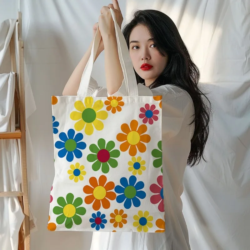 Freshness Flower Printing Canvas Go Out Shop Reusable Bag Take Extra Lessons Attend School Commuting Tote Bag