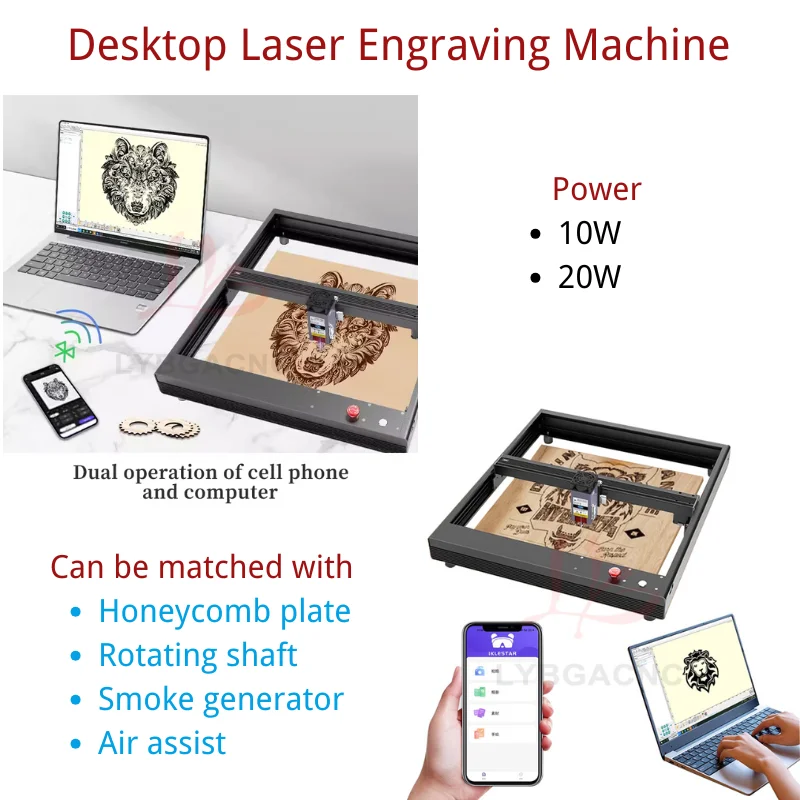 

LY 4040 Desktop Laser Engraving and Cutting Machine 370mm*370mm, 10W/20W, for Stainless Steel, Acrylic, Plastic, and Wood
