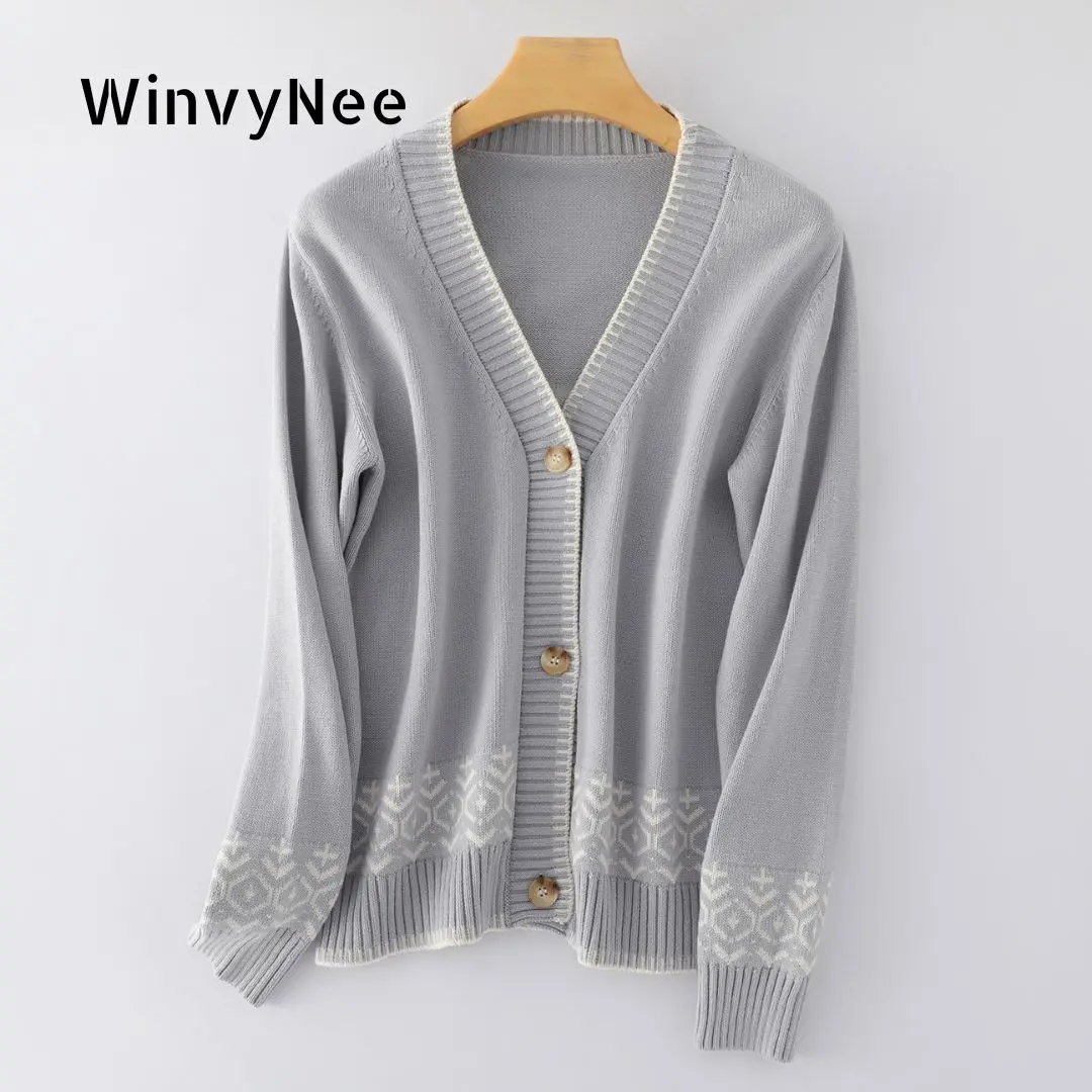 

WinvyNee 100% Cotton Korean Warm Cardigan Women's Deep V Neck 7-Pin Jacquard Gold Button Thickened Long Sleeve Wear B1092039A