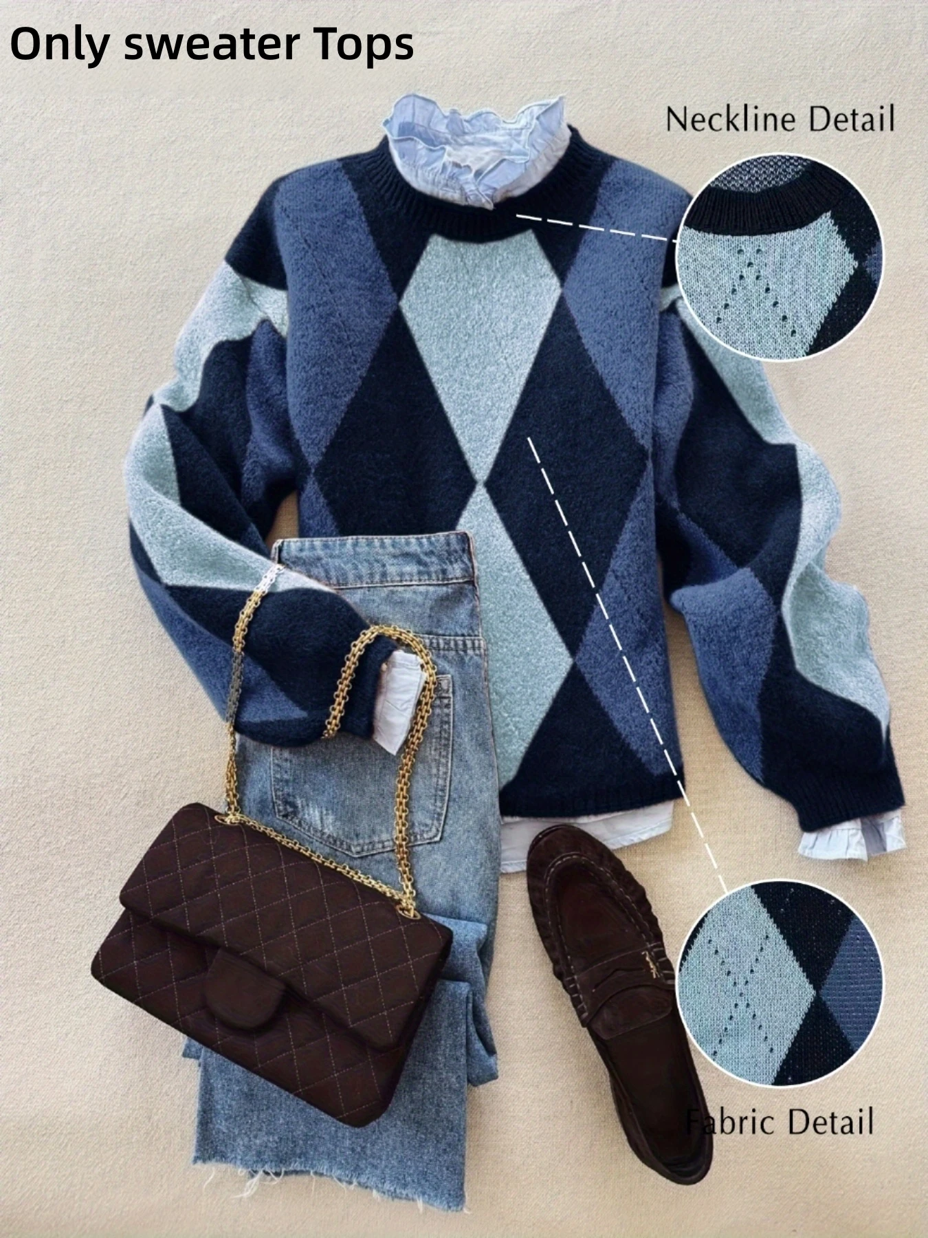 Classic diamond plaid contrast color pullover sweater, fashionable women's tops, popular wool soft knitting