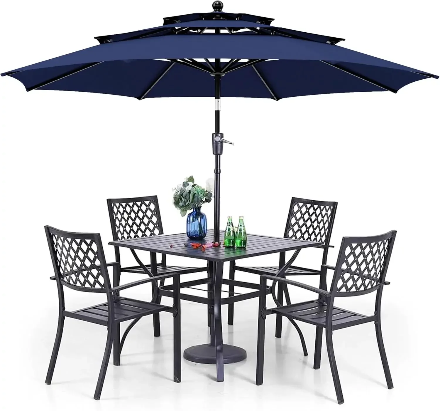 Patio Dining Set 6 Piece with 4 Metal Outdoor Stackable Chairs, 1 Square Metal Table and 10ft 3 Tier Umbrella(Navy Blue)