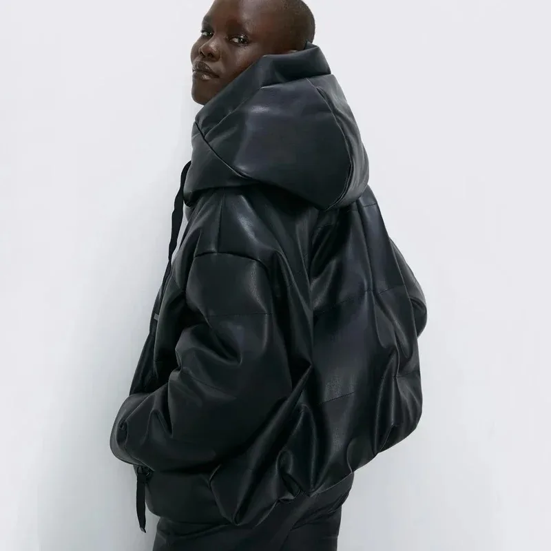 

PU Leather Parkas Women Fashion Hooded Faux Leather Coats Women Elegant Zipper Cotton Jackets Female Ladies