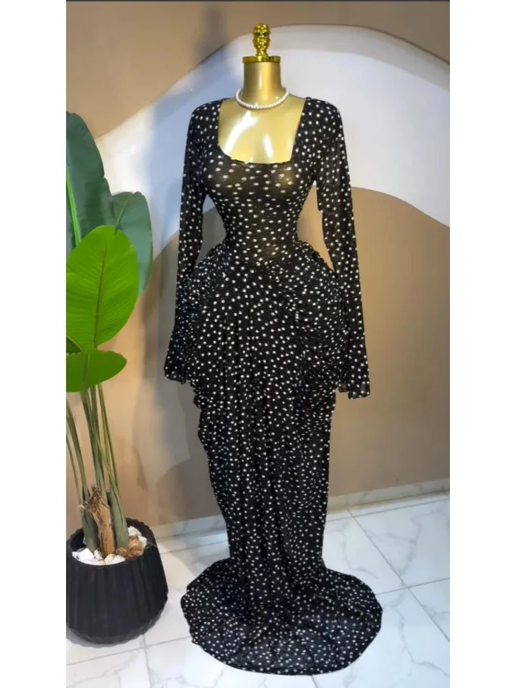 أنيقة المرأة الأزهار التعادل صبغ طباعة مكدسة Ruched كم طويل ألف خط ماكسي فستان طويل 2026 حفلة عيد ميلاد التعليم فساتين عصرية