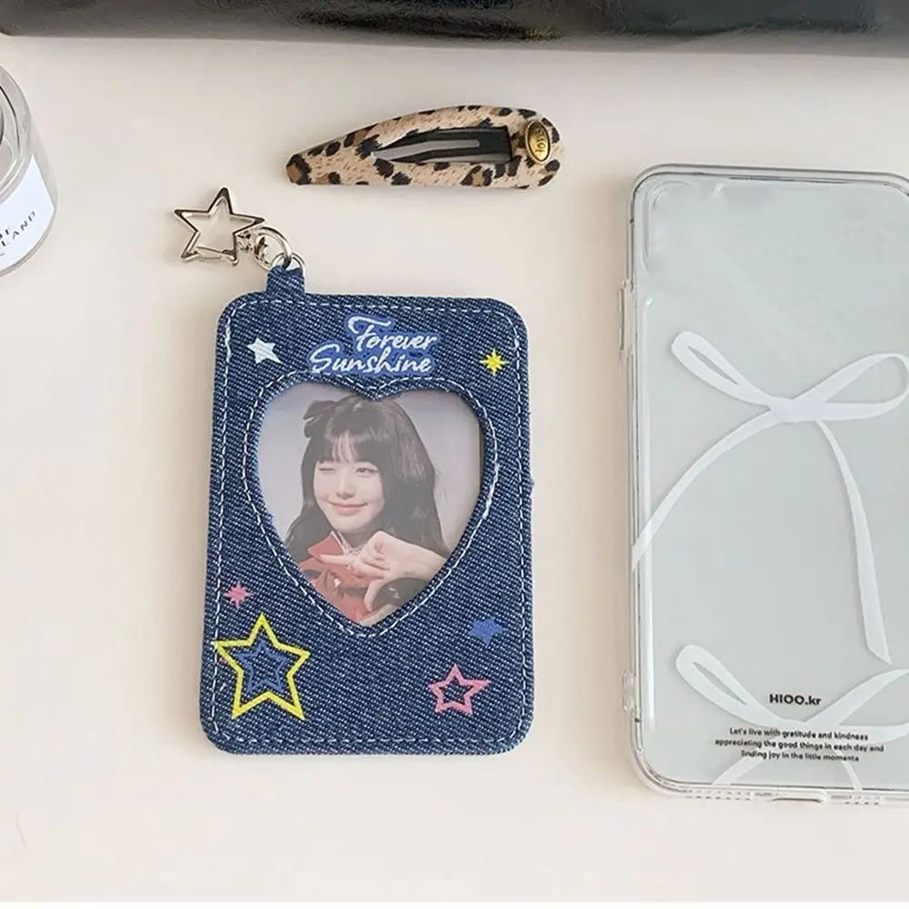 Fashion Y2k Denim Star Card Holder Keychain Card Case Card Storage Bag Heart Love Bag Pendant Ladies