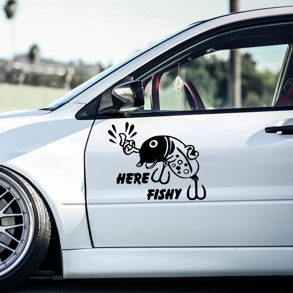 

Go Fishing Car Sticker Here Fishy Waterproof Self-Adhesive Removable Scratch Cover Decal Auto DIY Decoration Styling Accessories