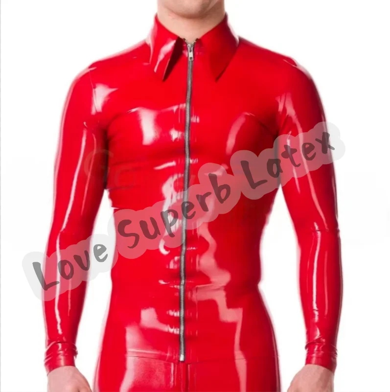 

Handmade Classic Men's Latex Long Sleeve Top Men Latex T-shirt Front Zip Rubber Polo Shirt With Fold Collar Pure 0.4mm Latex