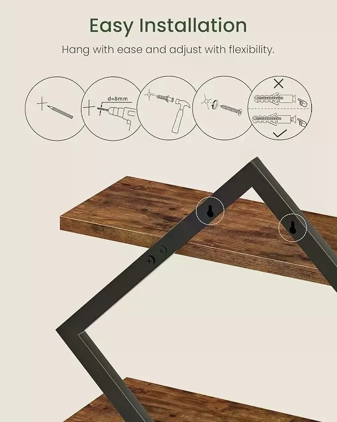 Rustic Brown 2-Layer Geometric Diamond Floating Shelf Set - Industrial Metal Wire & Wooden Shelves, Minimalist Artistic House Decor, Suitable for Living Room, Kitchen, Storage